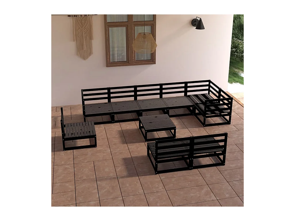 10-delige Loungeset massief grenenhout zwart