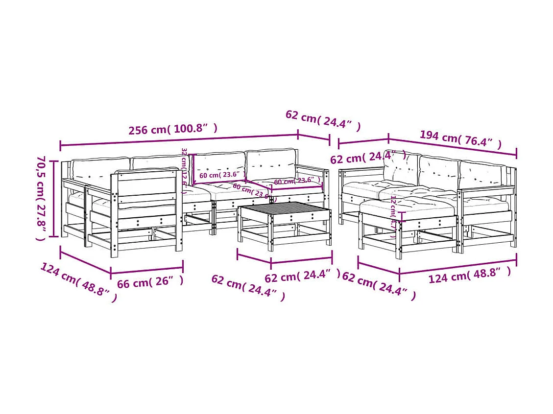 Salon de jardin 10 pcs avec coussins bois massif