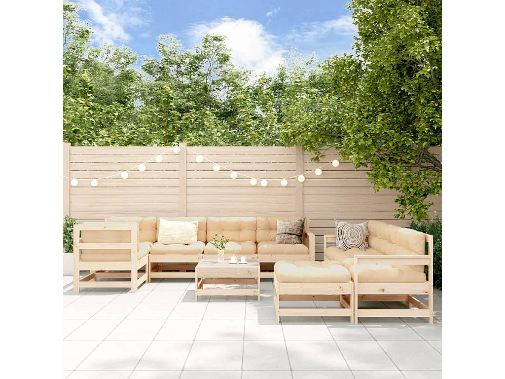 Salon de jardin 10 pcs avec coussins bois massif