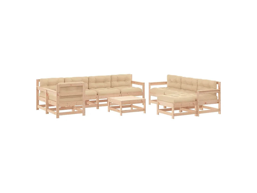 Salon de jardin 10 pcs avec coussins bois massif