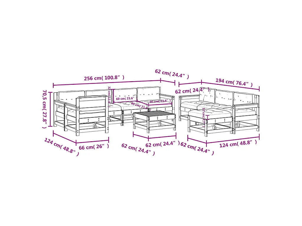 Salon de jardin 10 pcs avec coussins bois massif