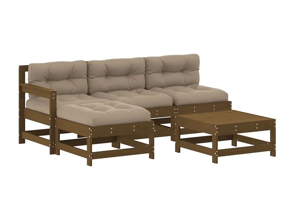 Salon de jardin 5 pcs avec coussins marron miel bois massif