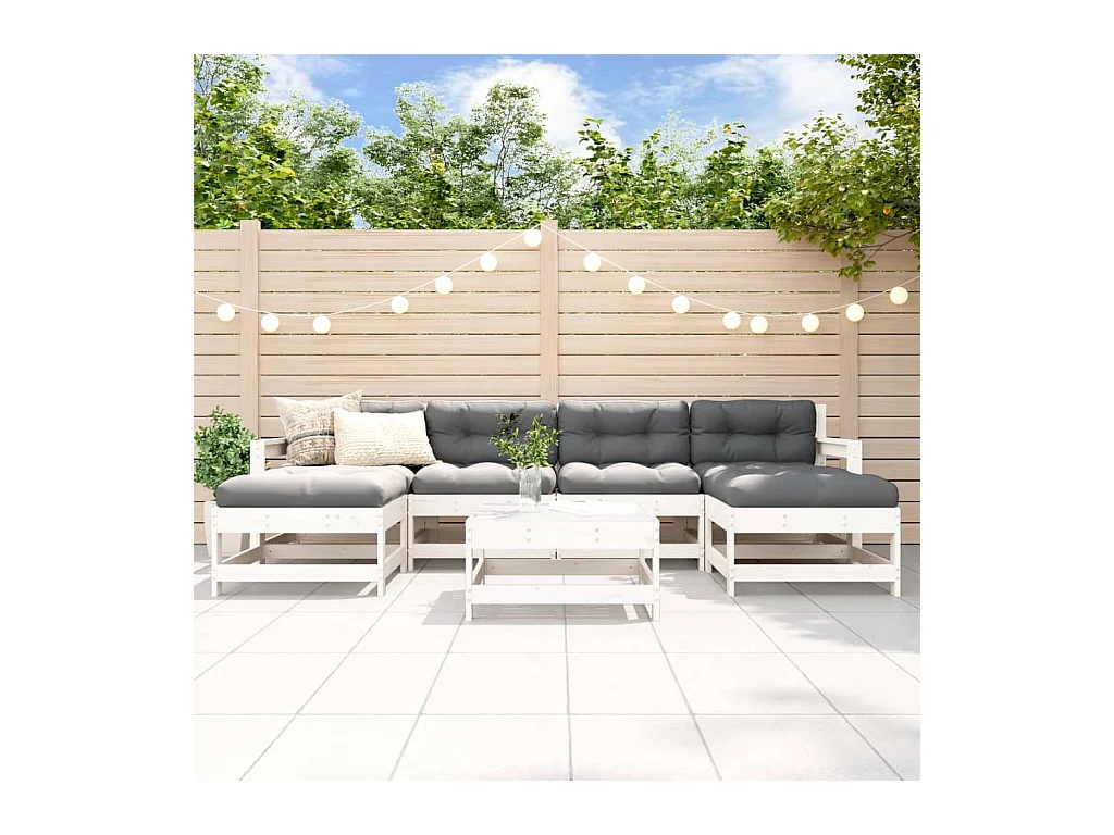 Set Divani da Giardino 7pz con Cuscini in Legno Massello Bianco
