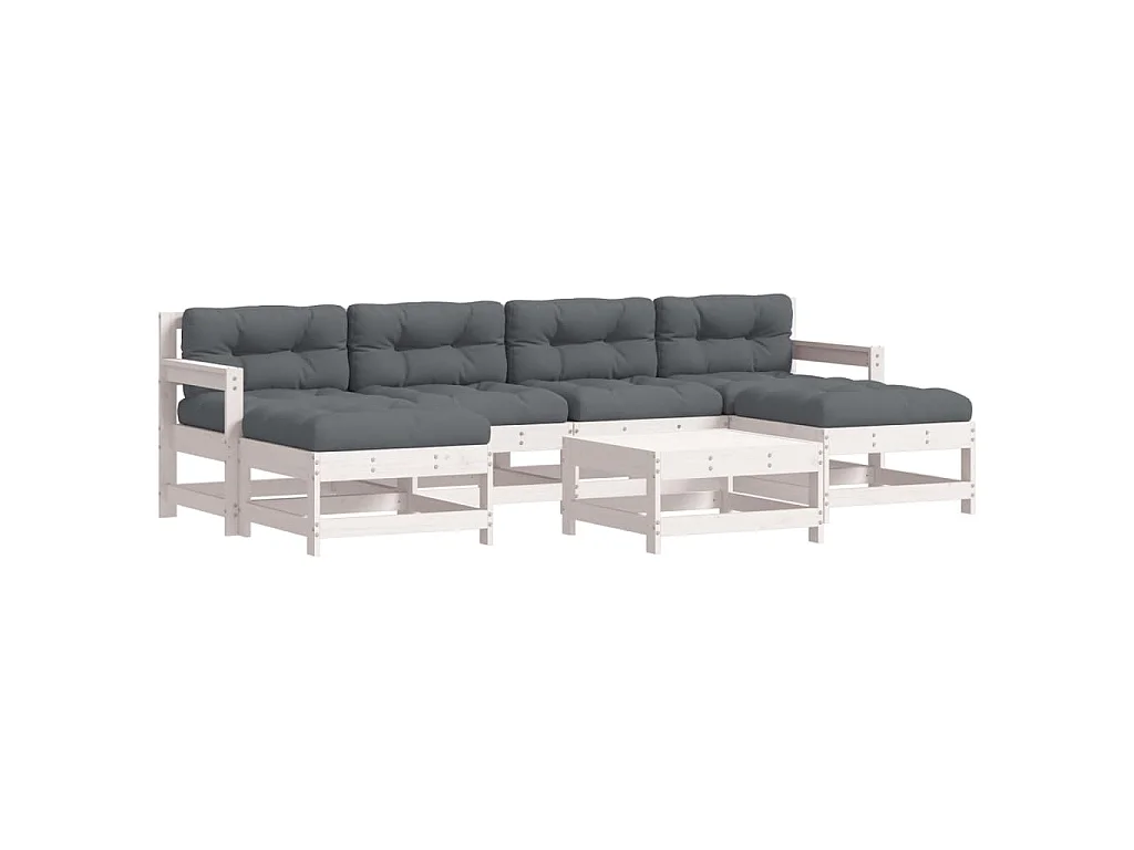 Juego de muebles jardín 7 piezas y cojines madera maciza blanco