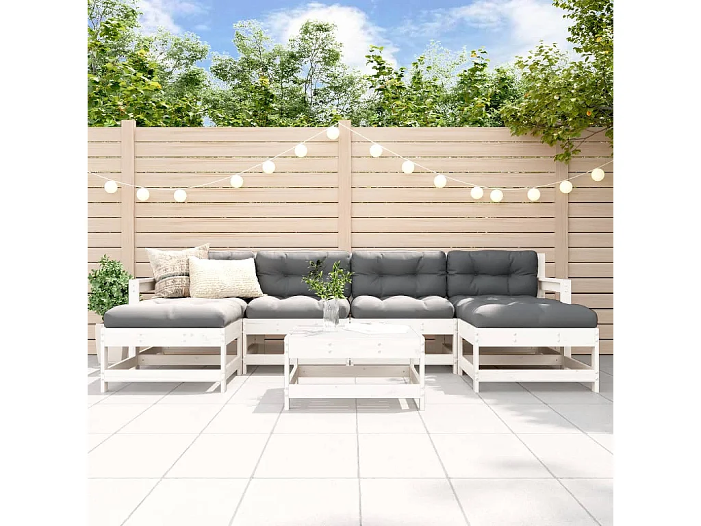 Juego de muebles jardín 7 piezas y cojines madera maciza blanco