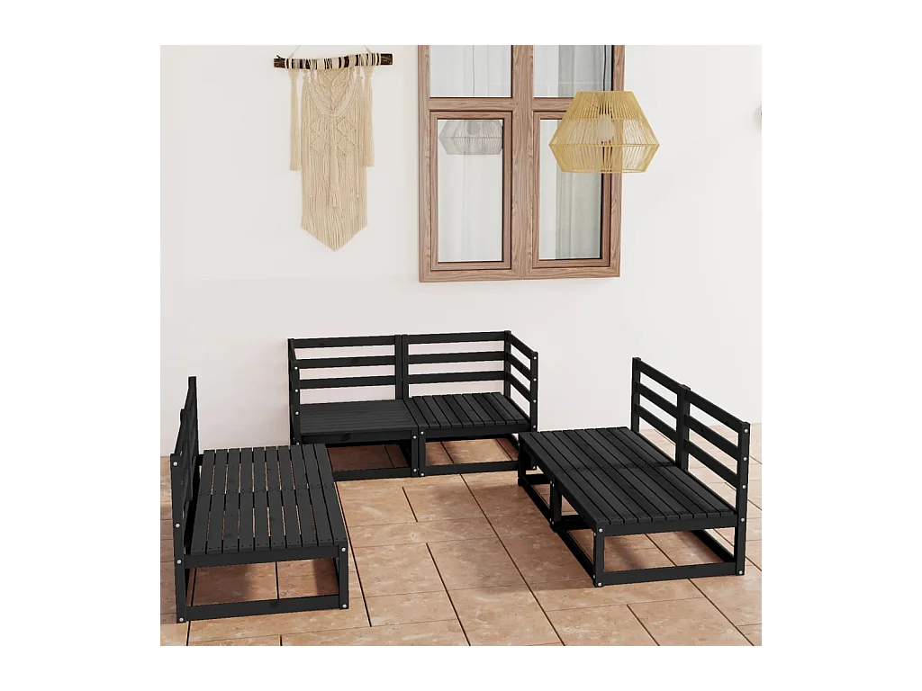 Set Divani da Giardino 6 pz Nero in Legno Massello di Pino