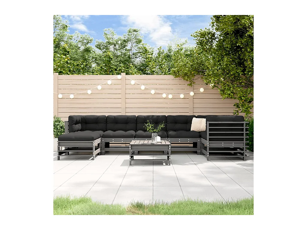 Set Divani da Giardino 8pz con Cuscini in Legno Massello Grigio