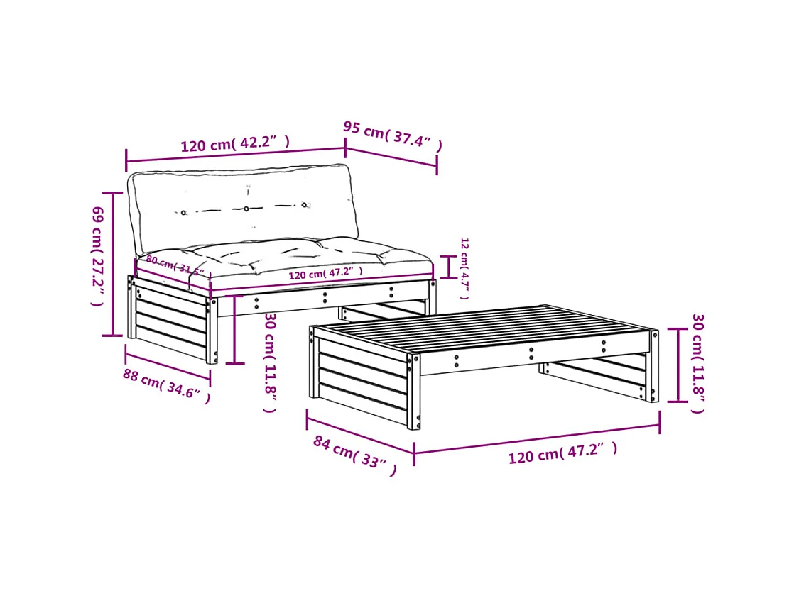 Set Divani da Giardino 2pz con Cuscini Legno Impregnato di Pino