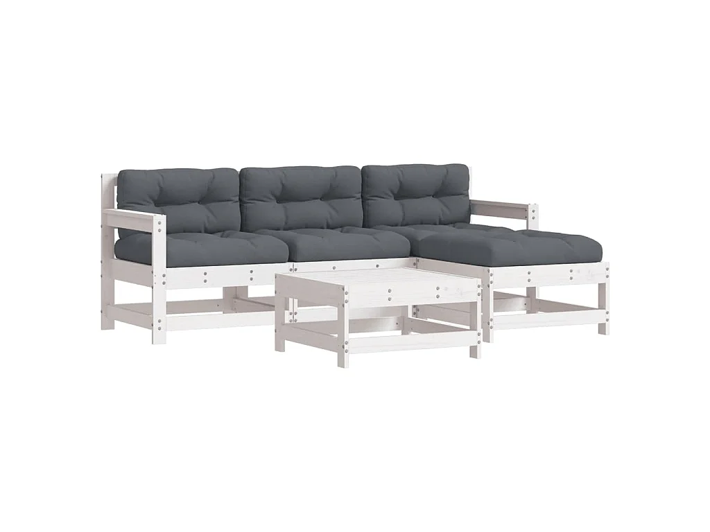 Set Divani da Giardino 5pz con Cuscini in Legno Massello Bianco