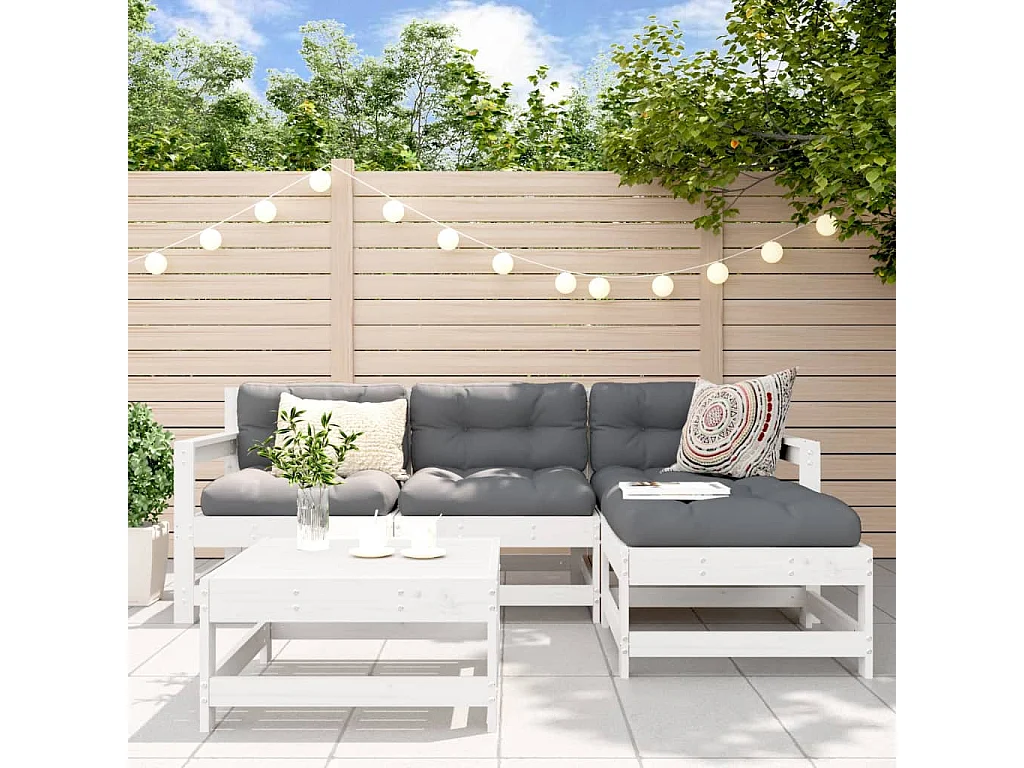 Set Divani da Giardino 5pz con Cuscini in Legno Massello Bianco