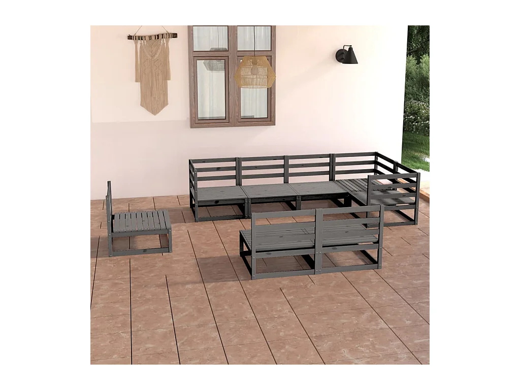 Set Divani da Giardino 8 pz Grigio in Legno Massello di Pino