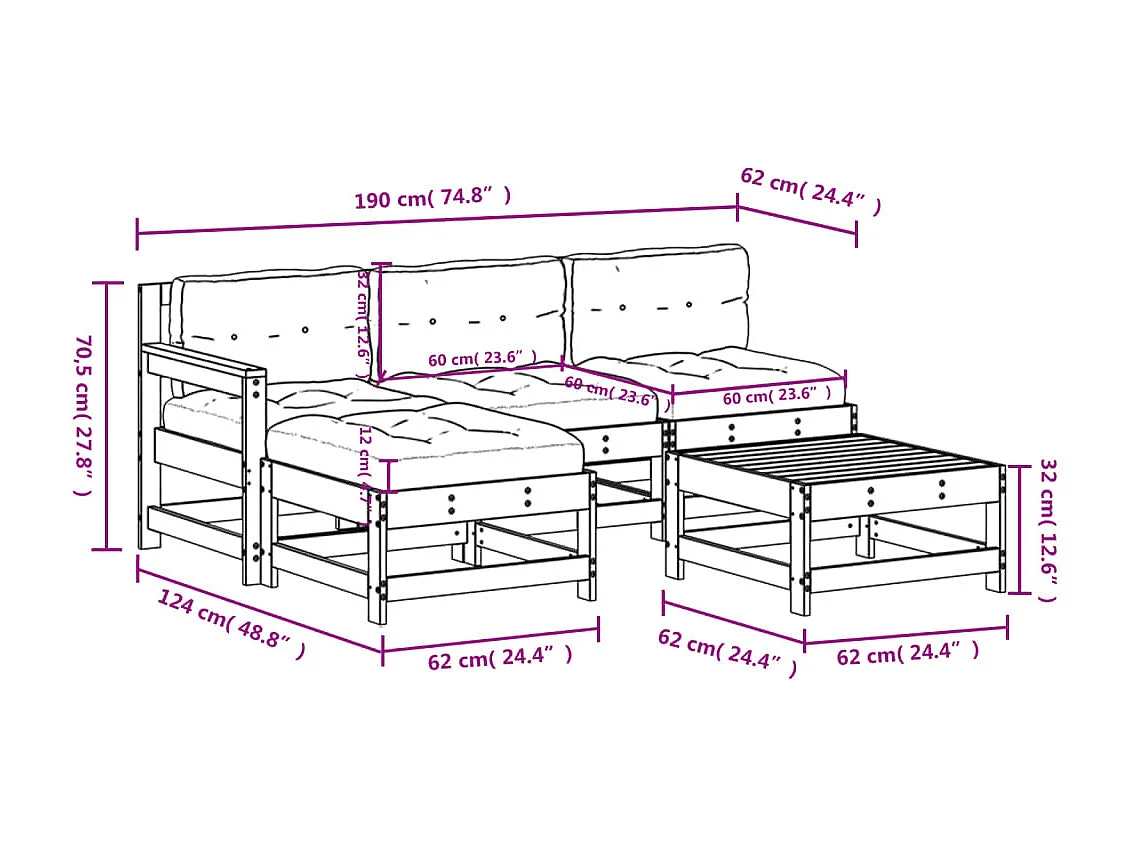 5-delige Loungeset met kussens geïmpregneerd grenenhout