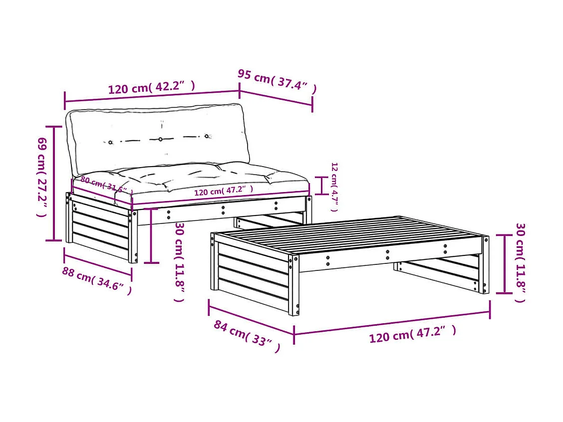 Salon de jardin 2 pcs avec coussins marron miel bois massif