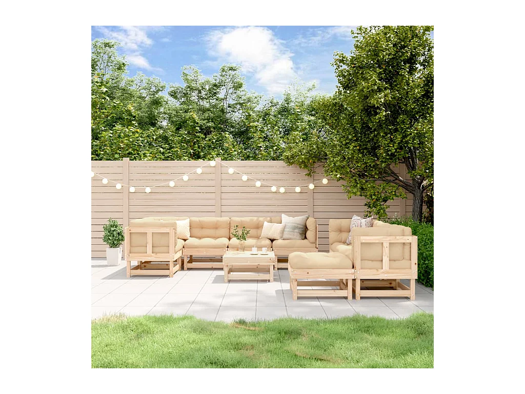 Salon de jardin 10 pcs avec coussins bois massif