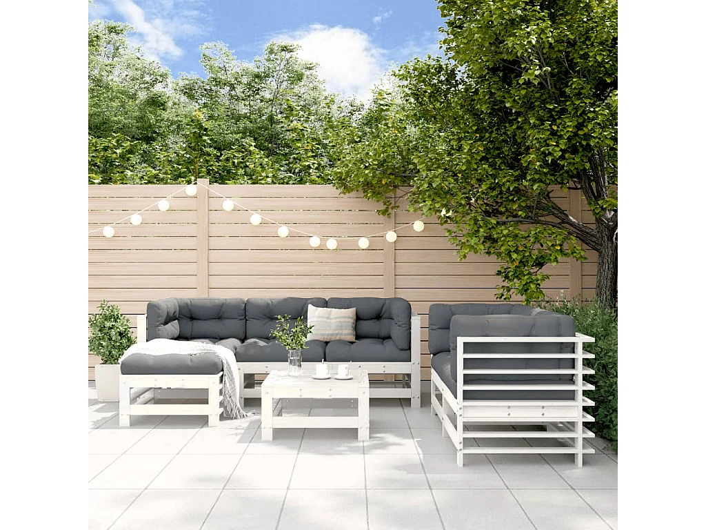 Set Salotto da Giardino 7 pz Bianco in Legno Massello di Pino