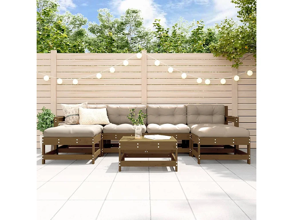 7pcs conj. lounge jardim+almofadões madeira maciça castanho-mel