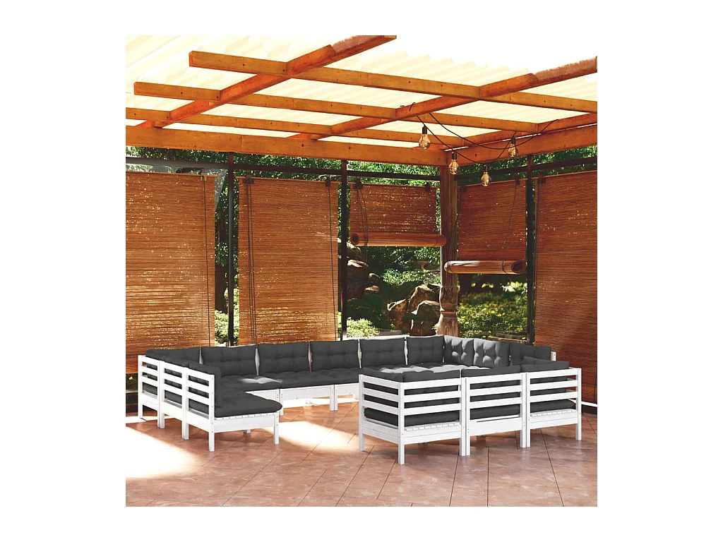 Salon de jardin 13 pcs avec coussins blanc bois de pin