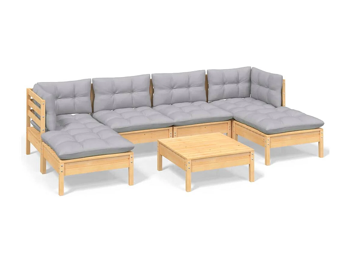 7-tlg. Garten-Lounge-Set mit Grauen Kissen Kiefernholz
