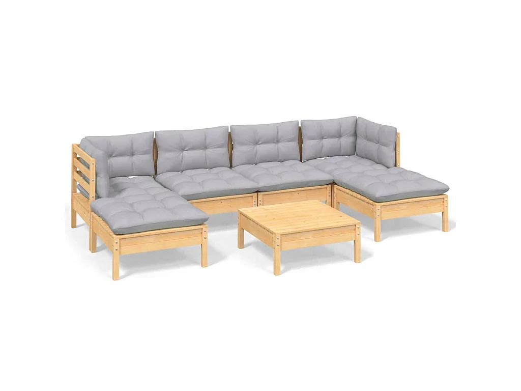 7 pcs conjunto lounge de jardim c/ almofadões cinzentos pinho