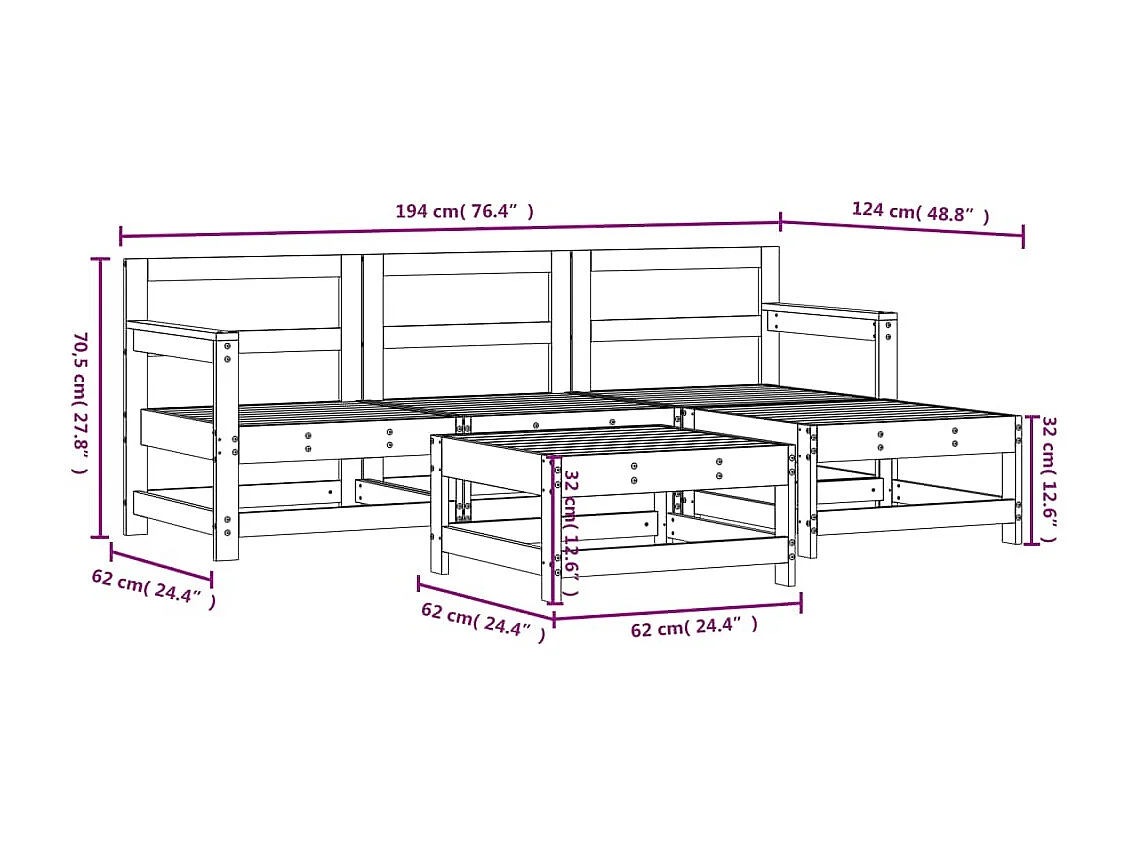 Salon de jardin 5 pcs bois massif de pin