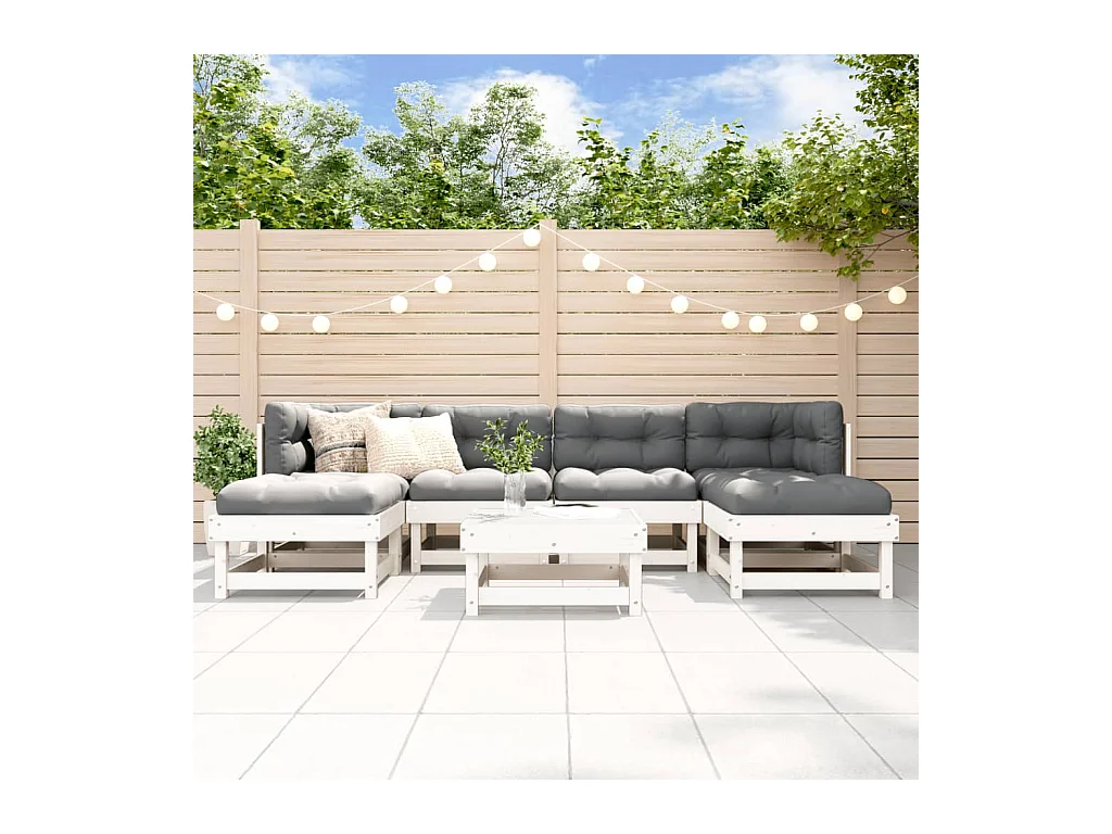 7-tlg. Garten-Lounge-Set mit Kissen Weiß Massivholz