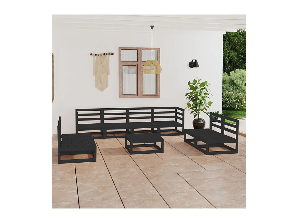Set Divani da Giardino 9 pz Nero in Legno Massello di Pino