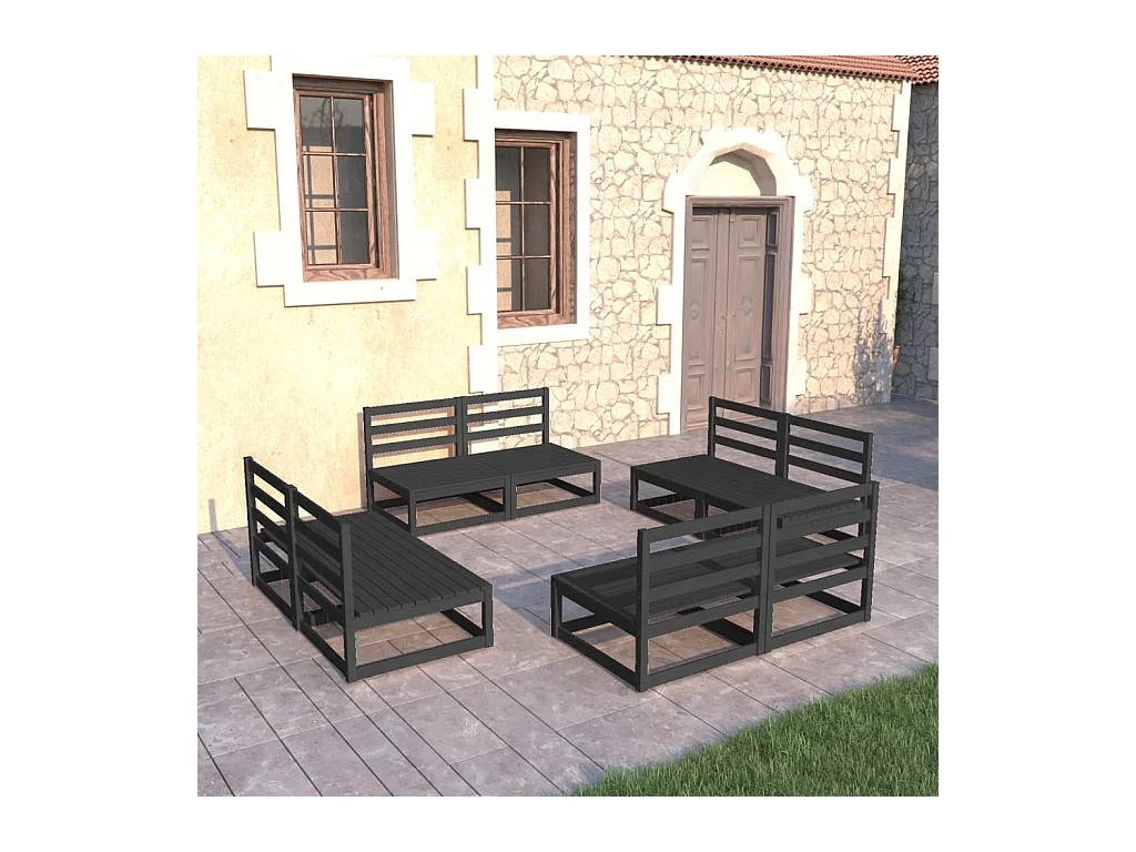Set Divani da Giardino 8 pz Nero in Legno Massello di Pino