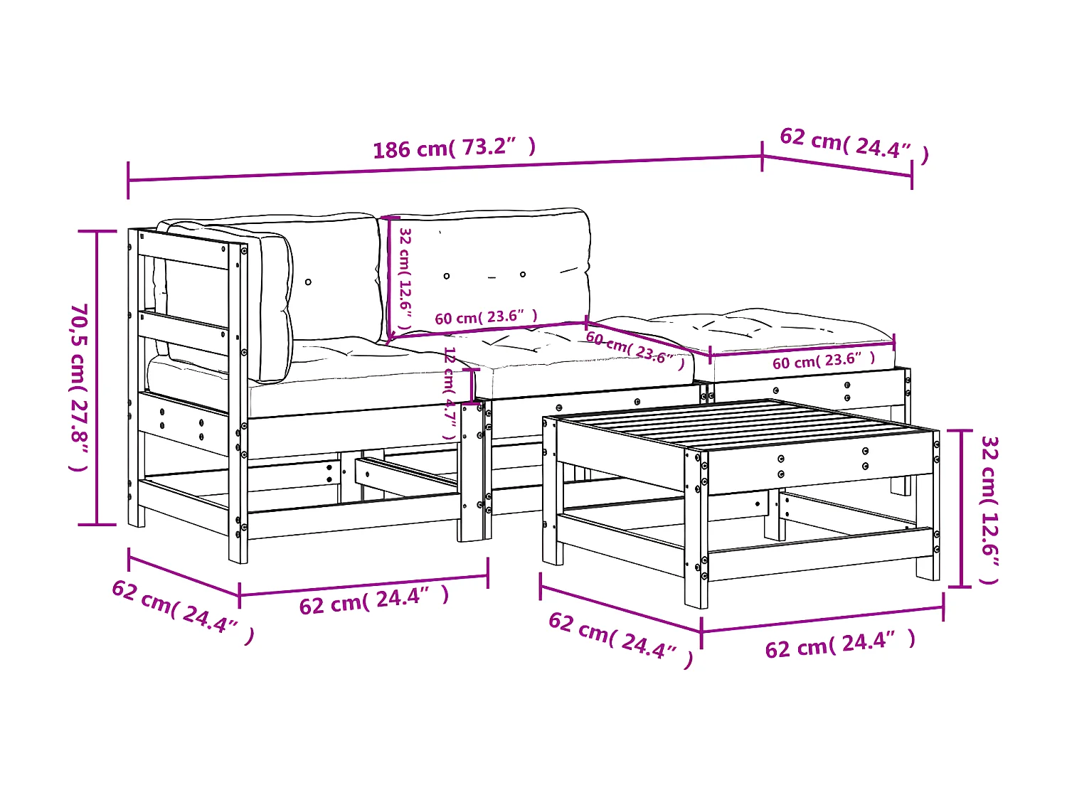 Juego de muebles de jardín 4 pzas y cojines madera maciza negro
