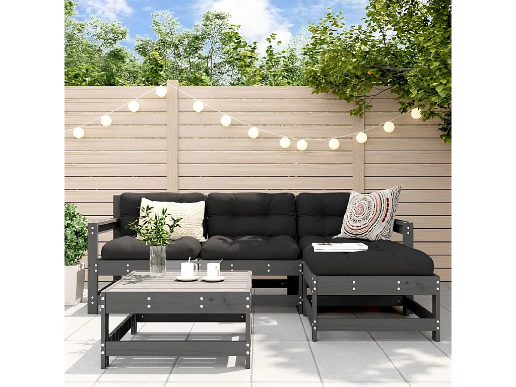 Set Divani da Giardino 5pz con Cuscini in Legno Massello Grigio