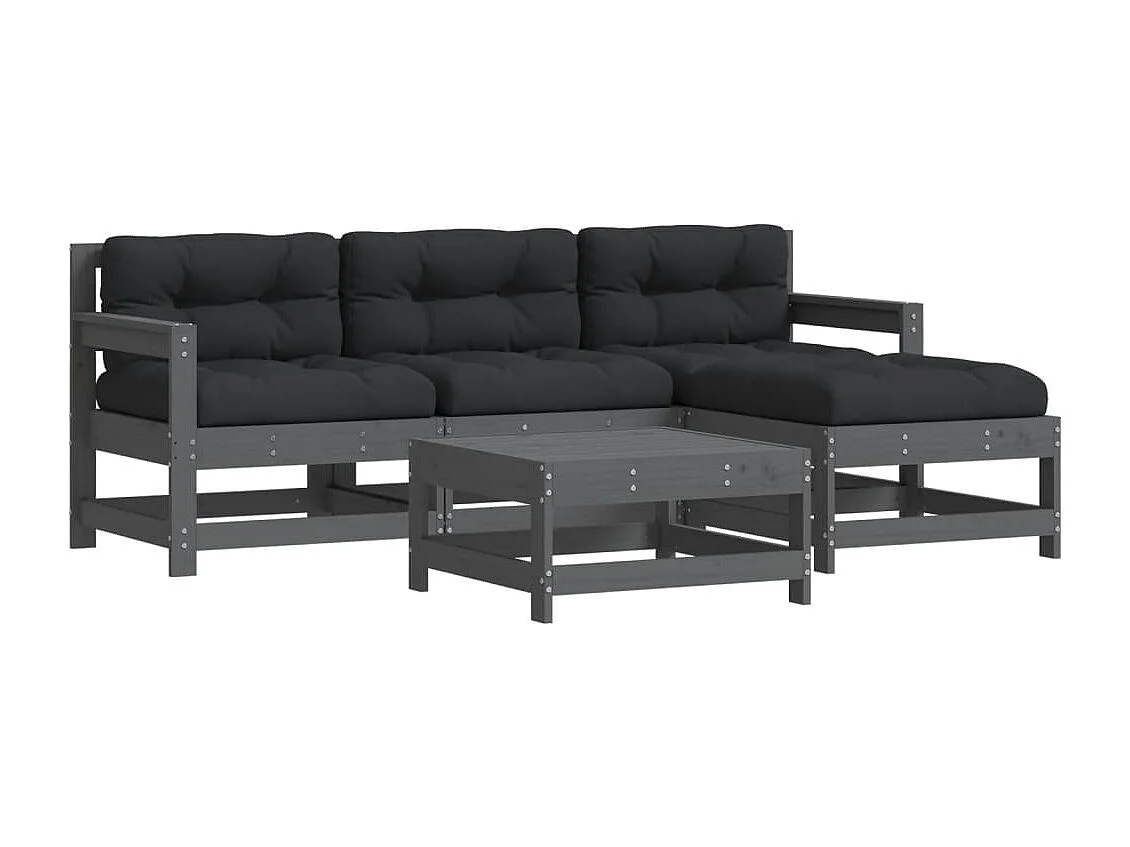 Set Divani da Giardino 5pz con Cuscini in Legno Massello Grigio