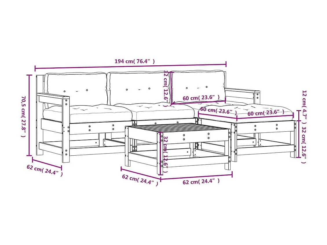 Set Divani da Giardino 5pz con Cuscini in Legno Massello Grigio