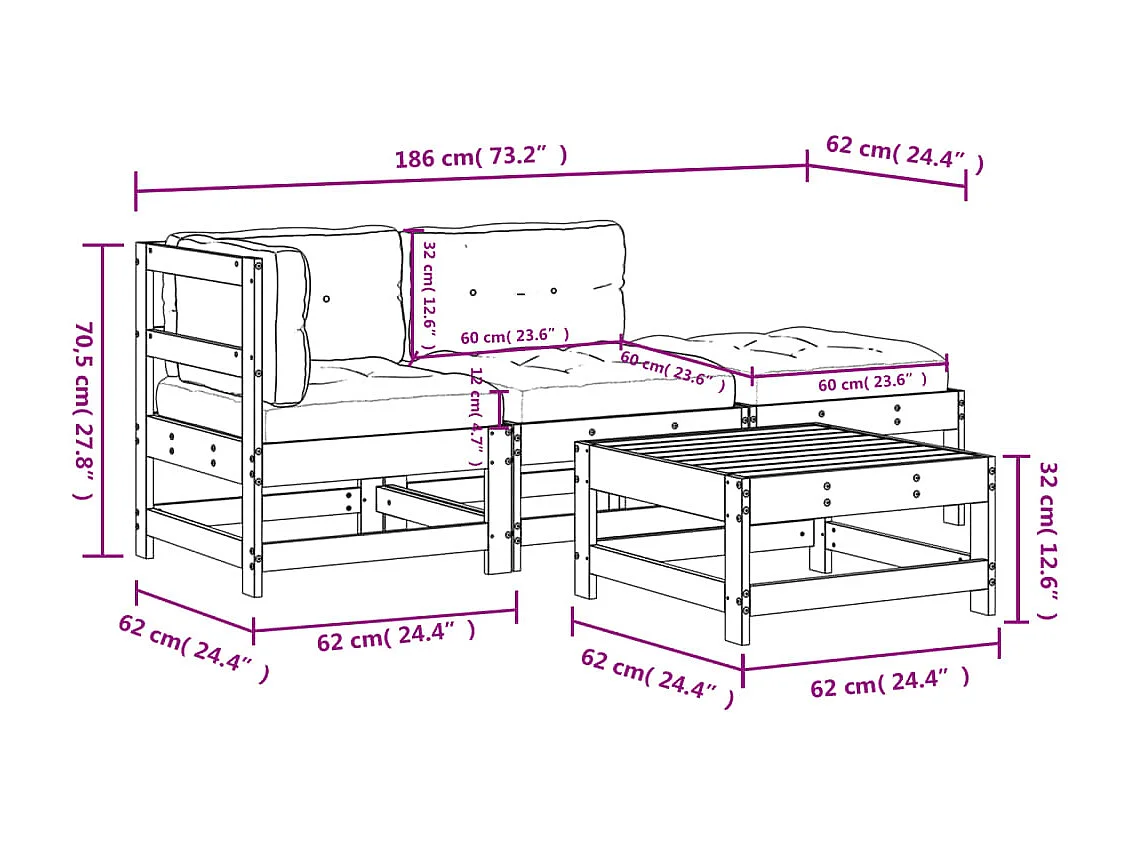 Set Divani da Giardino 4pz con Cuscini in Legno Massello Bianco