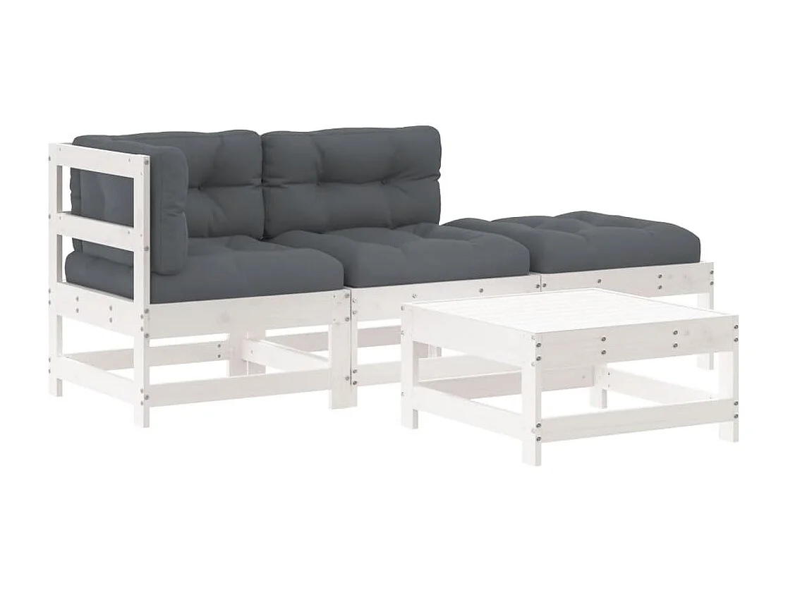 Salon de jardin 4 pcs avec coussins blanc bois massif