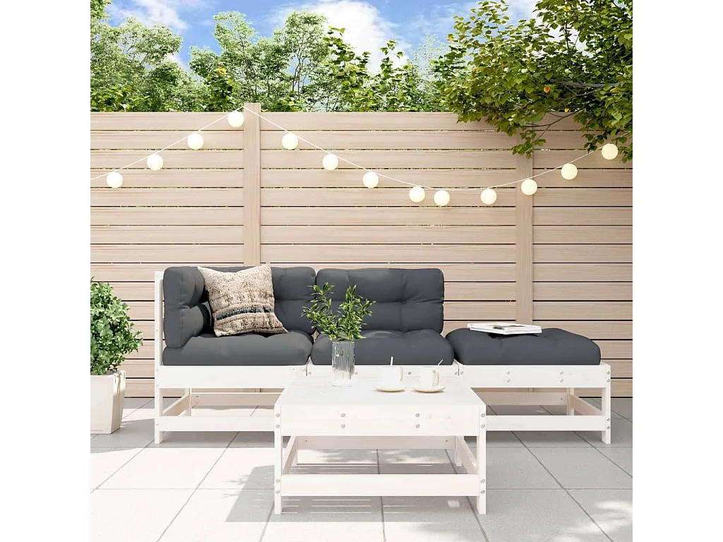 4-tlg. Garten-Lounge-Set mit Kissen Weiß Massivholz