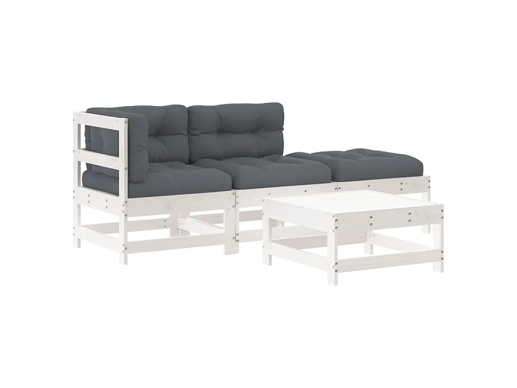 4-tlg. Garten-Lounge-Set mit Kissen Weiß Massivholz