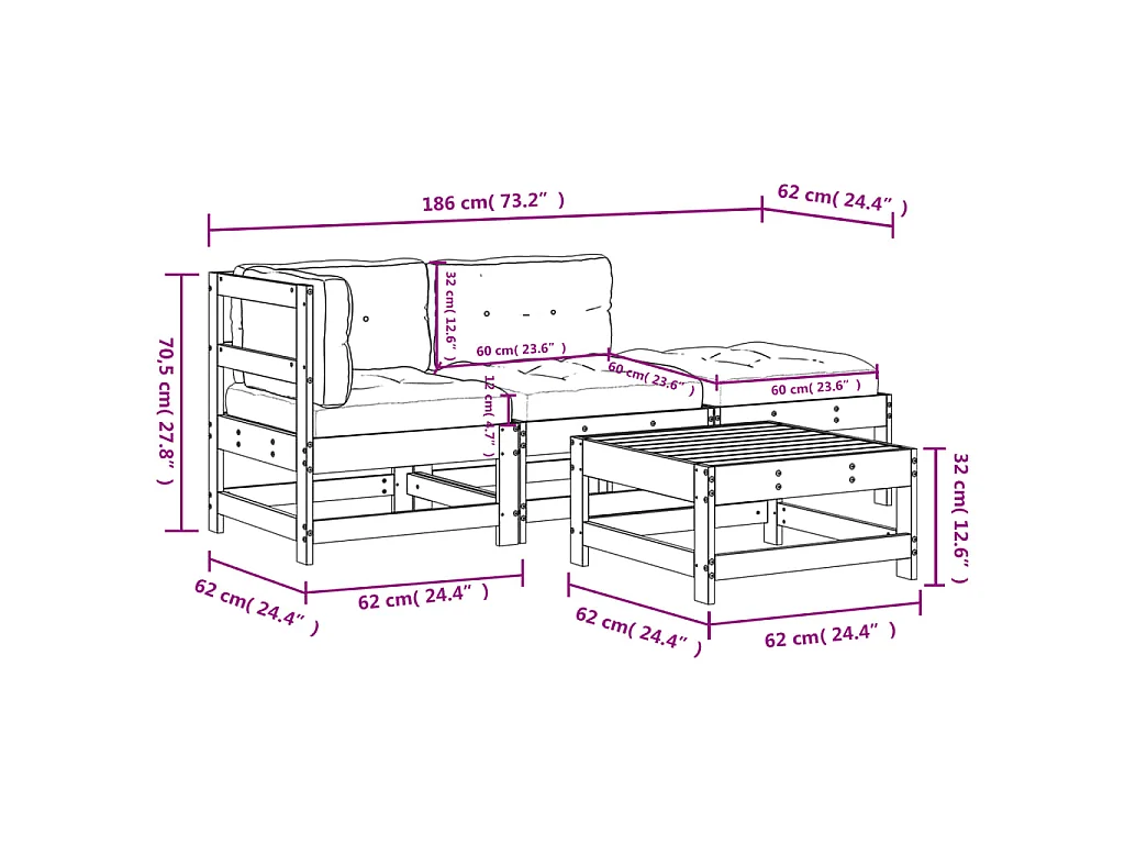4-tlg. Garten-Lounge-Set mit Kissen Weiß Massivholz