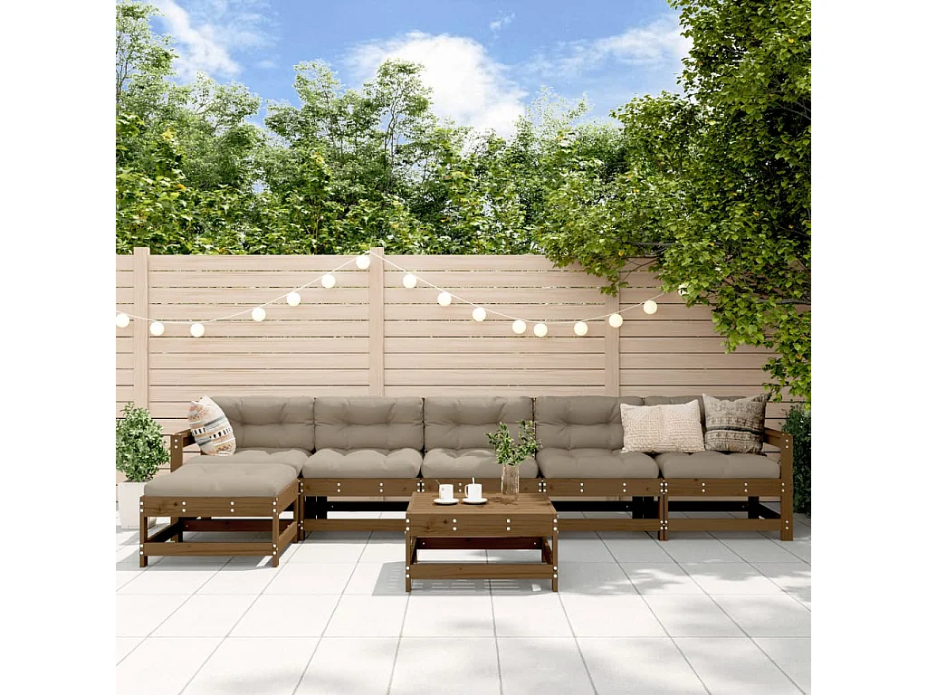 Salon de jardin 7 pcs Marron miel Bois de pin massif