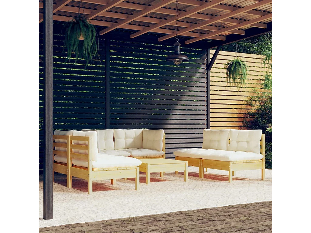 Set Divani da Giardino 7 pz con Cuscini Crema in Massello di Pino