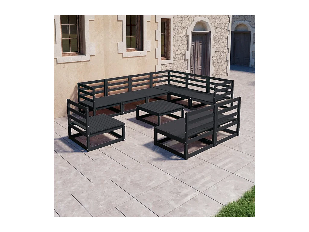 Salon de jardin 10 pcs noir bois de pin massif