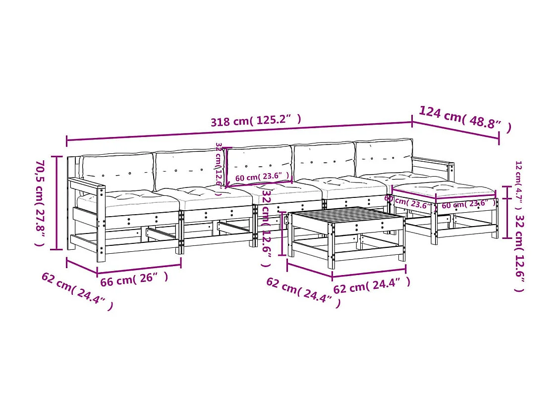 7-tlg. Garten-Lounge-Set mit Kissen Weiß Massivholz