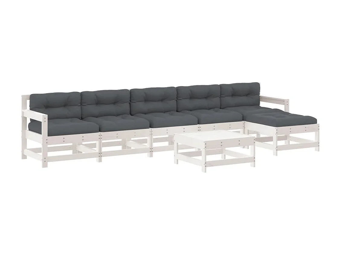 Salon de jardin 7 pcs avec coussins blanc bois massif