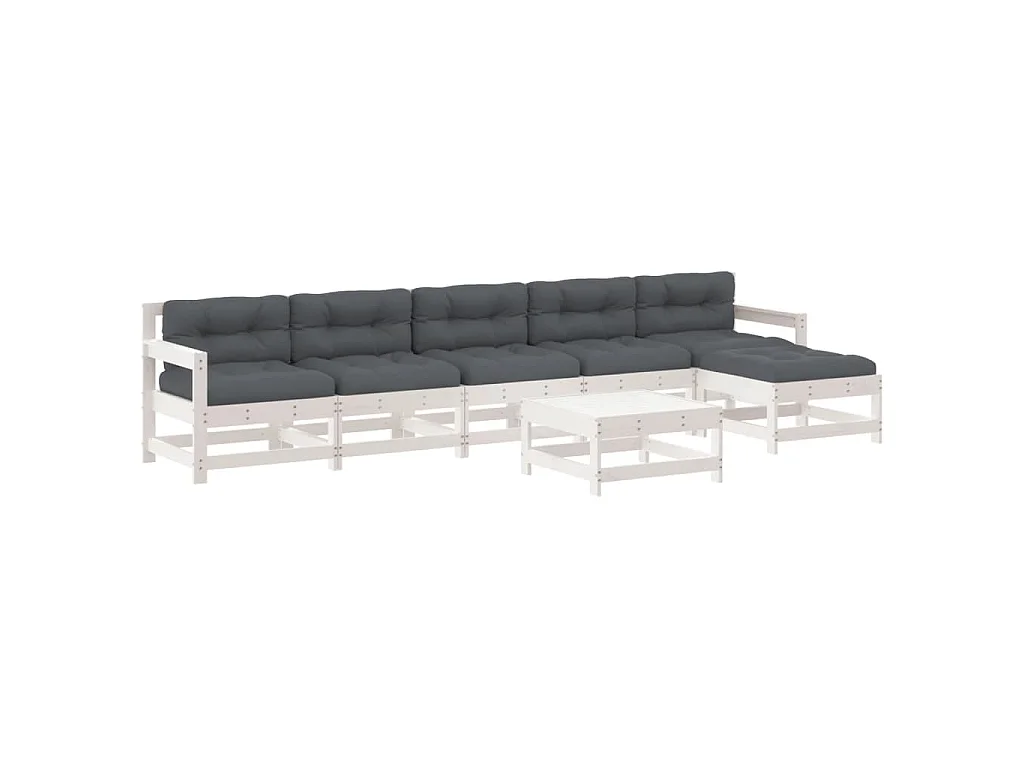 Set Divani da Giardino 7pz con Cuscini in Legno Massello Bianco