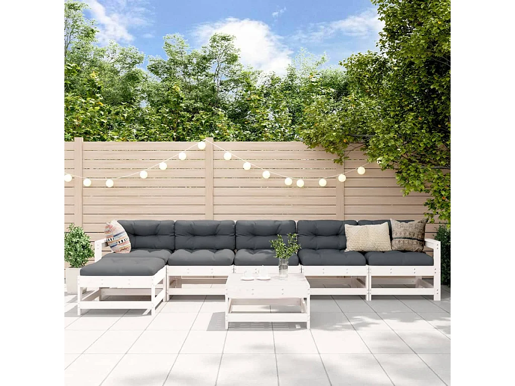 Set Divani da Giardino 7pz con Cuscini in Legno Massello Bianco