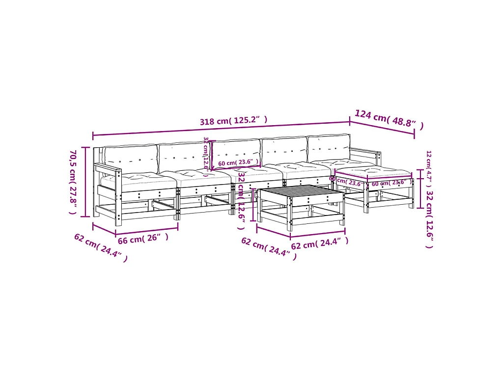 Set Divani da Giardino 7pz con Cuscini in Legno Massello Bianco