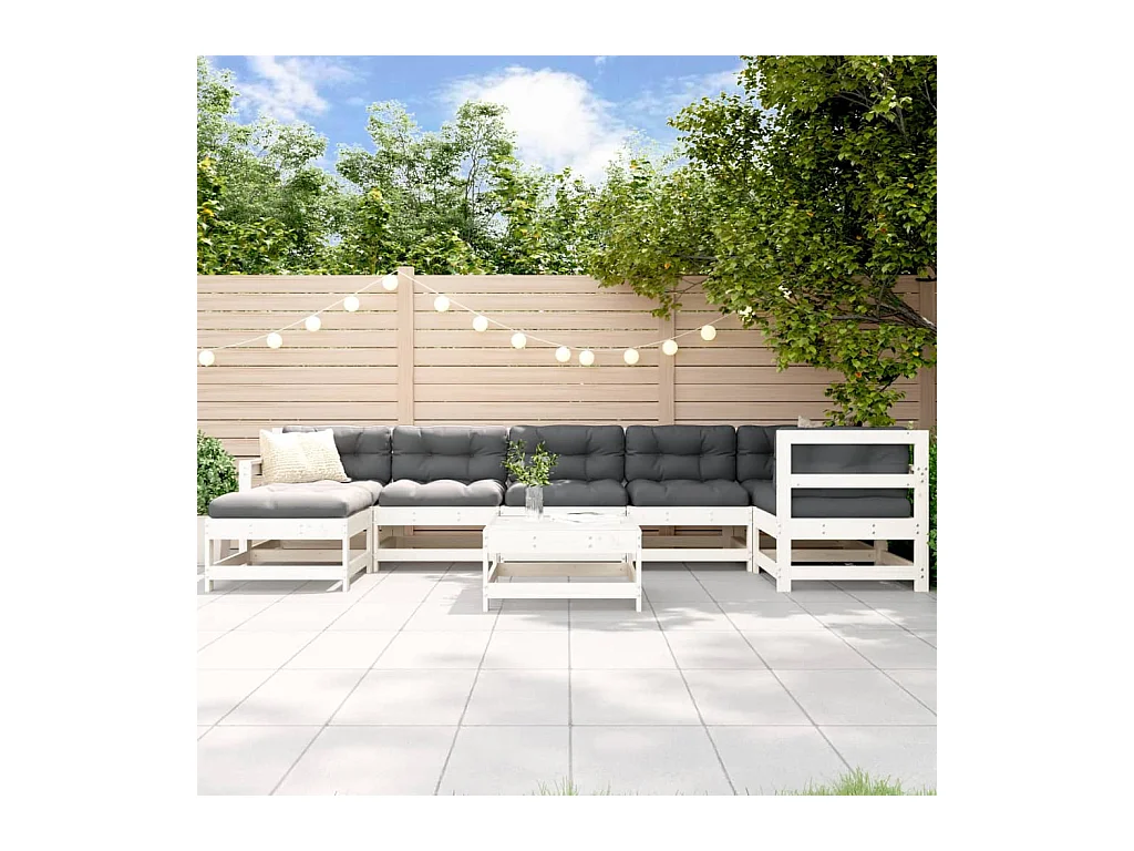 Set Divani da Giardino 8pz con Cuscini in Legno Massello Bianco