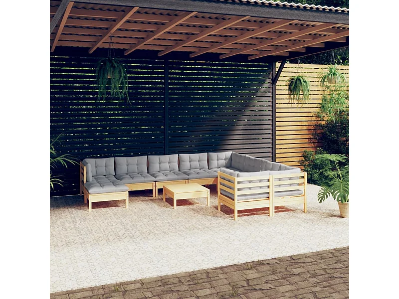 Salon de jardin 11 pcs avec coussins gris bois de pin