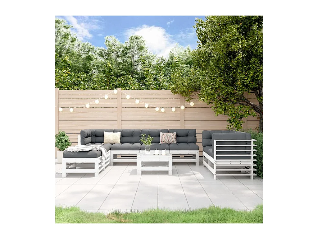 Salon de jardin 9 pcs Blanc Bois de pin massif