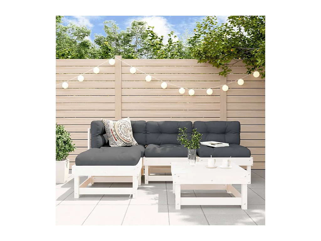 Set Divani da Giardino 5pz con Cuscini in Legno Massello Bianco