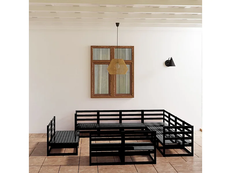 Set Divani da Giardino 11 pz Nero in Legno Massello di Pino