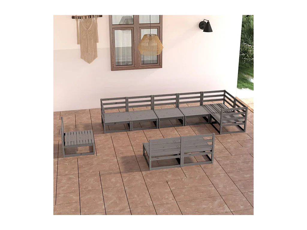 Set Divani da Giardino 9 pz Grigio in Legno Massello di Pino